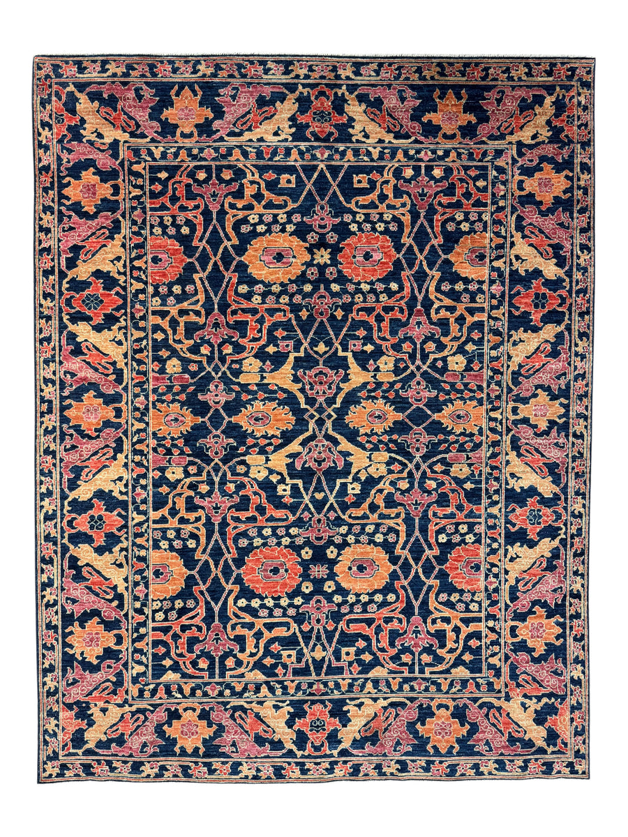 Deep Navy, Rust & Red Traditional Floral Area Rug – 9’2” x 11’11”