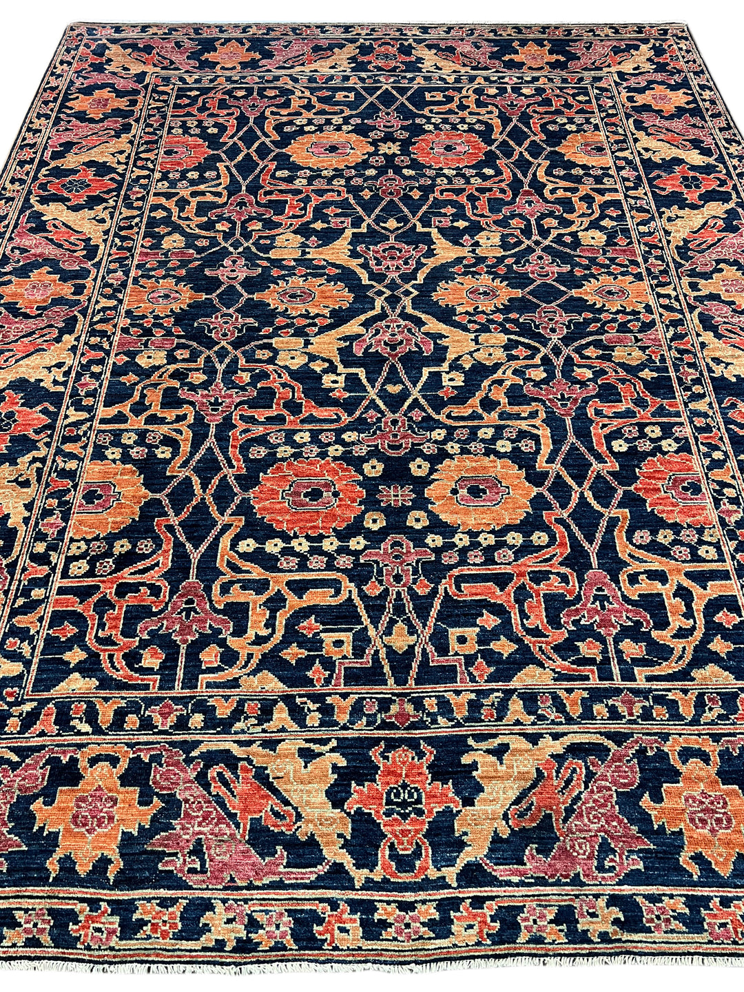 Deep Navy, Rust &amp; Red Traditional Floral Area Rug – 9’2” x 11’11”