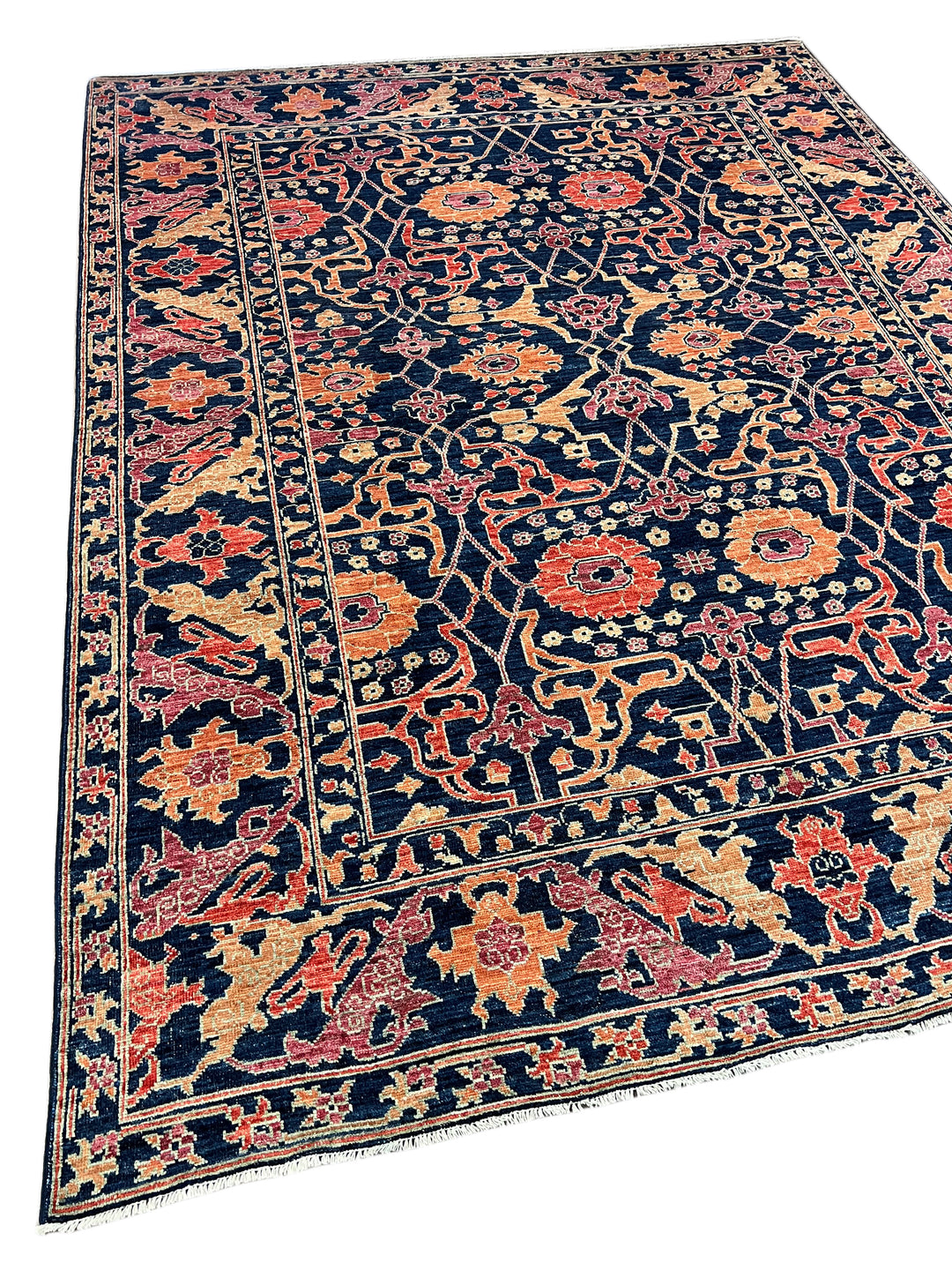 Deep Navy, Rust &amp; Red Traditional Floral Area Rug – 9’2” x 11’11”
