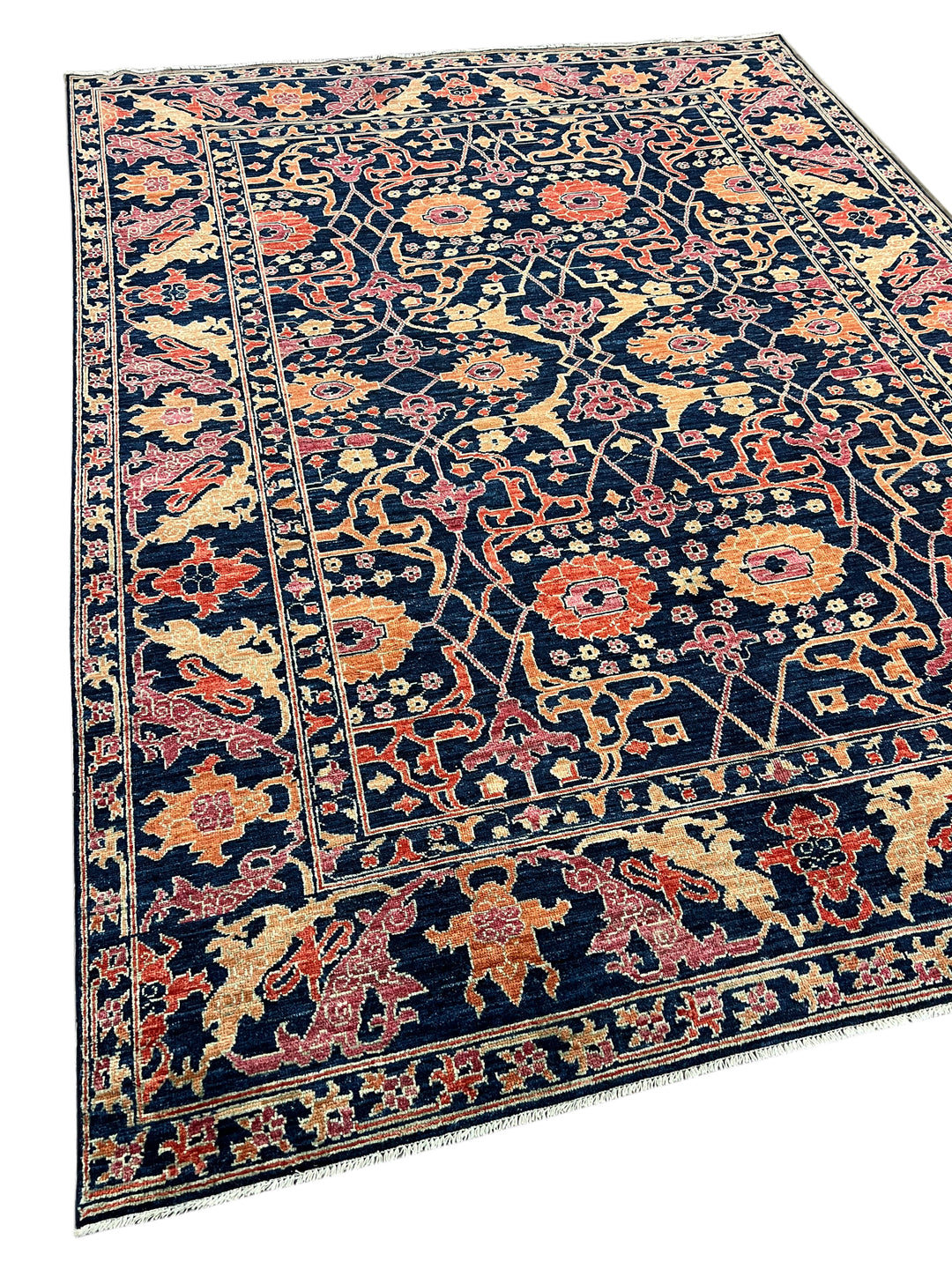Deep Navy, Rust &amp; Red Traditional Floral Area Rug – 9’2” x 11’11”