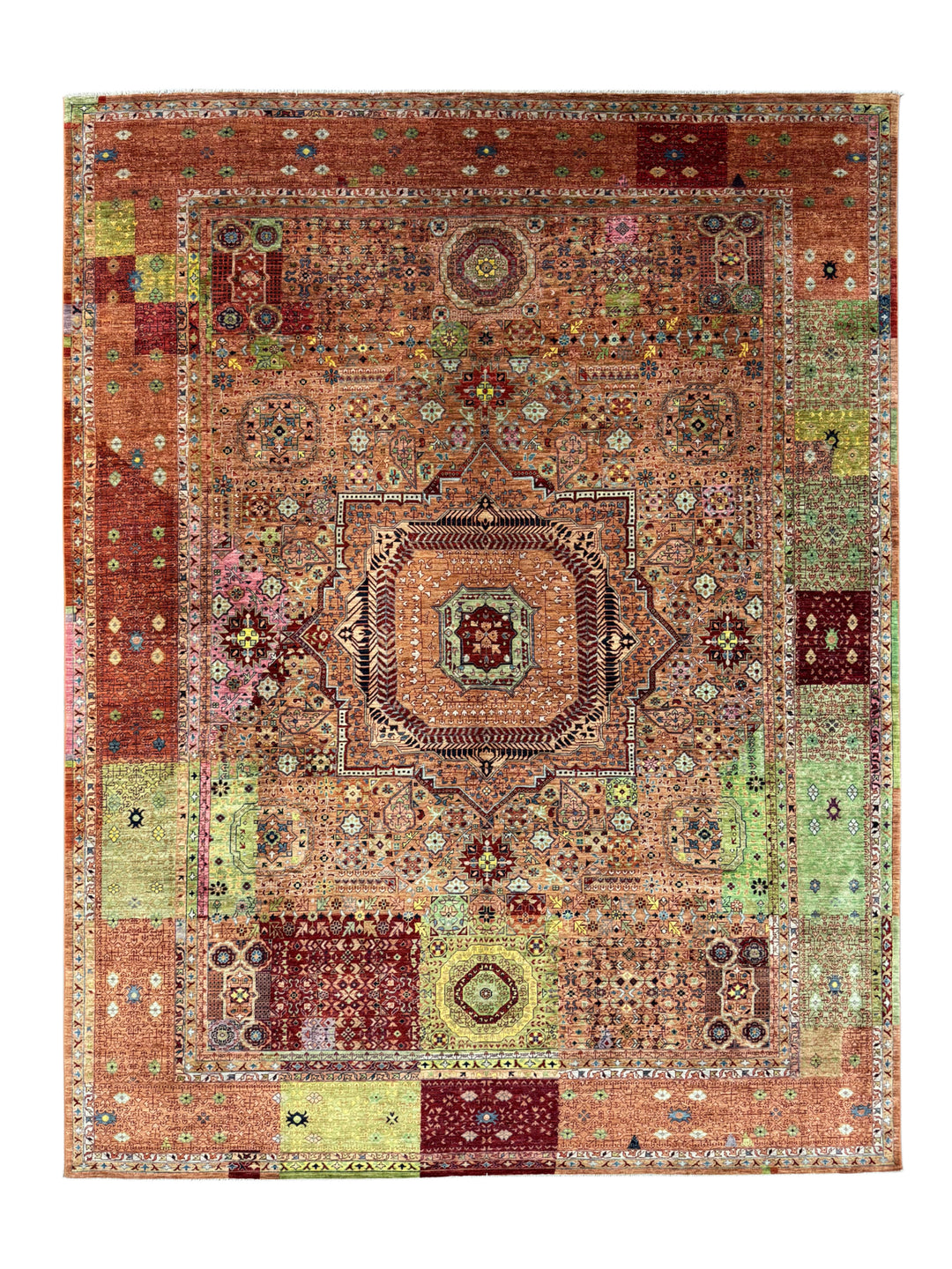 Terracotta, Burgundy &amp; Green Mamluk Style Area Rug – 9’3” x 12’0”