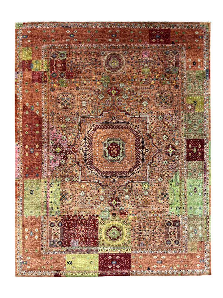 Terracotta, Burgundy &amp; Green Mamluk Style Area Rug – 9’3” x 12’0”