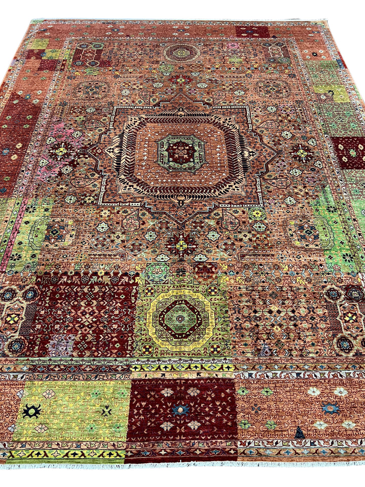 Terracotta, Burgundy &amp; Green Mamluk Style Area Rug – 9’3” x 12’0”