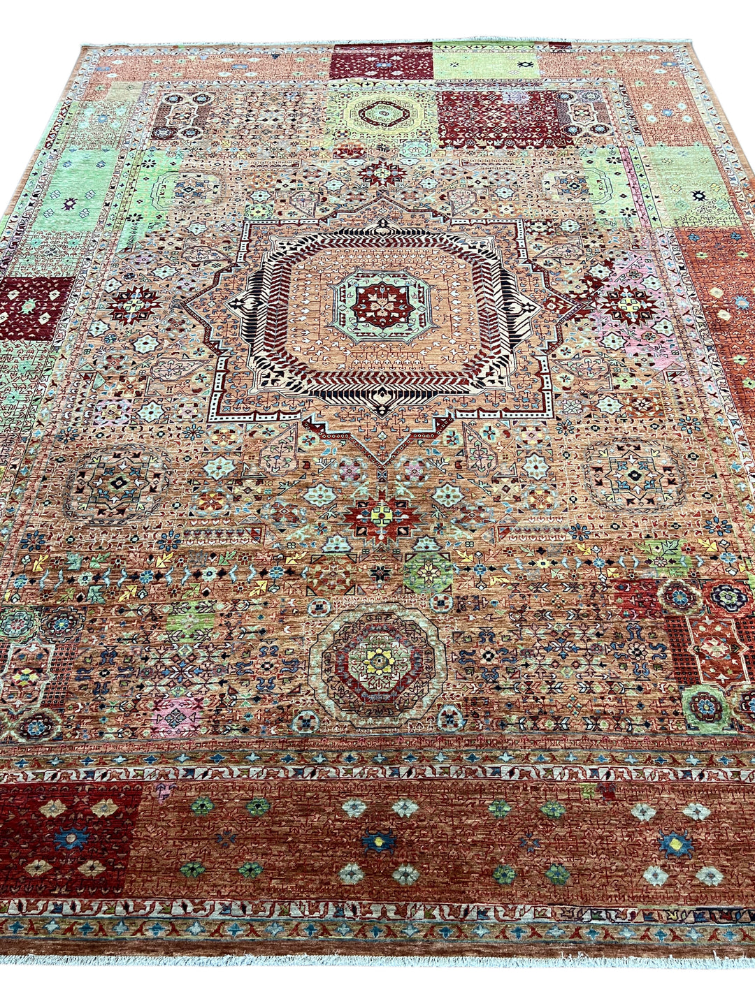 Terracotta, Burgundy &amp; Green Mamluk Style Area Rug – 9’3” x 12’0”