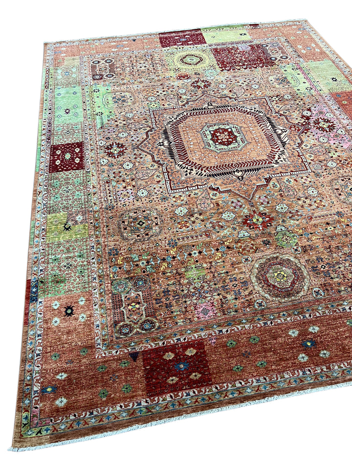 Terracotta, Burgundy &amp; Green Mamluk Style Area Rug – 9’3” x 12’0”