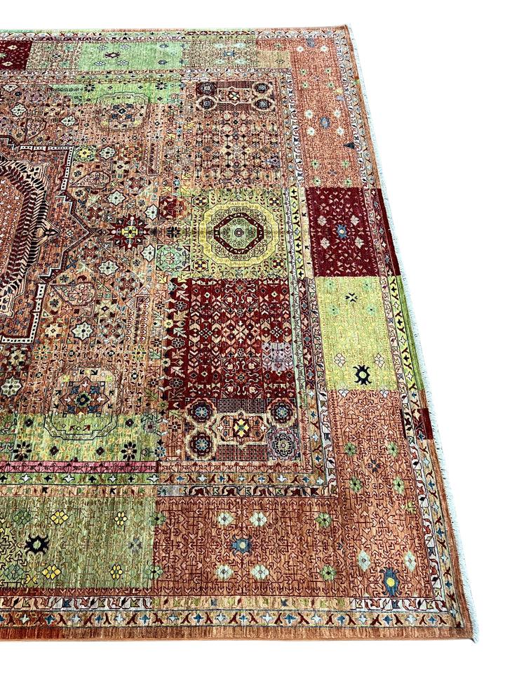 Terracotta, Burgundy &amp; Green Mamluk Style Area Rug – 9’3” x 12’0”