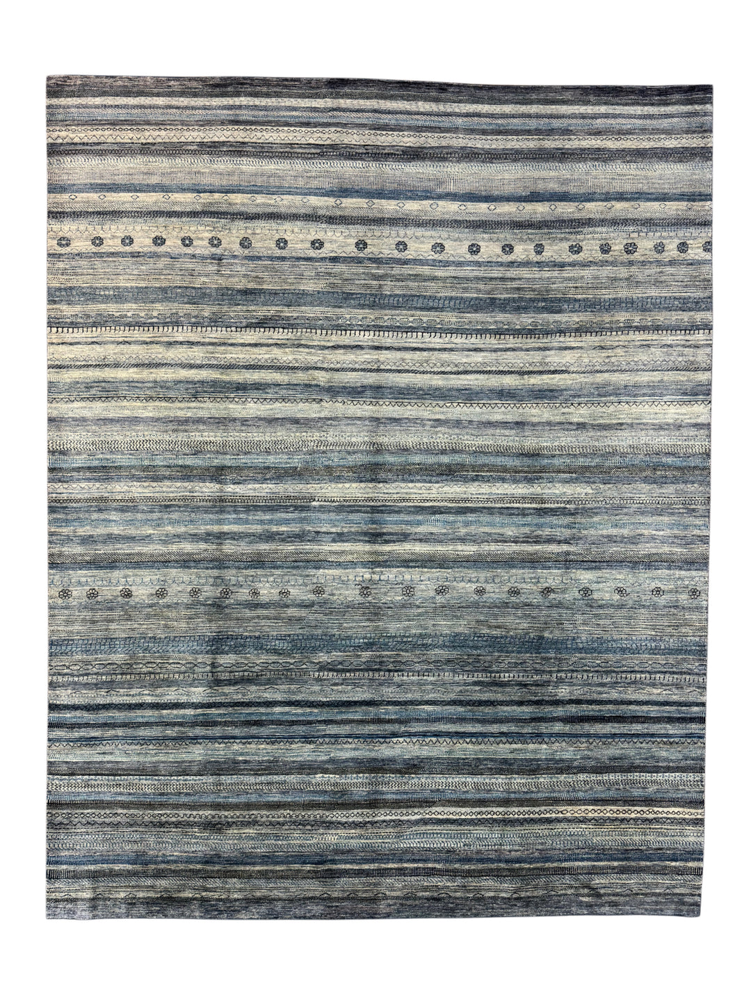 Blue, Grey &amp; Ivory Striped Contemporary Area Rug – 8’11” x 11’4”