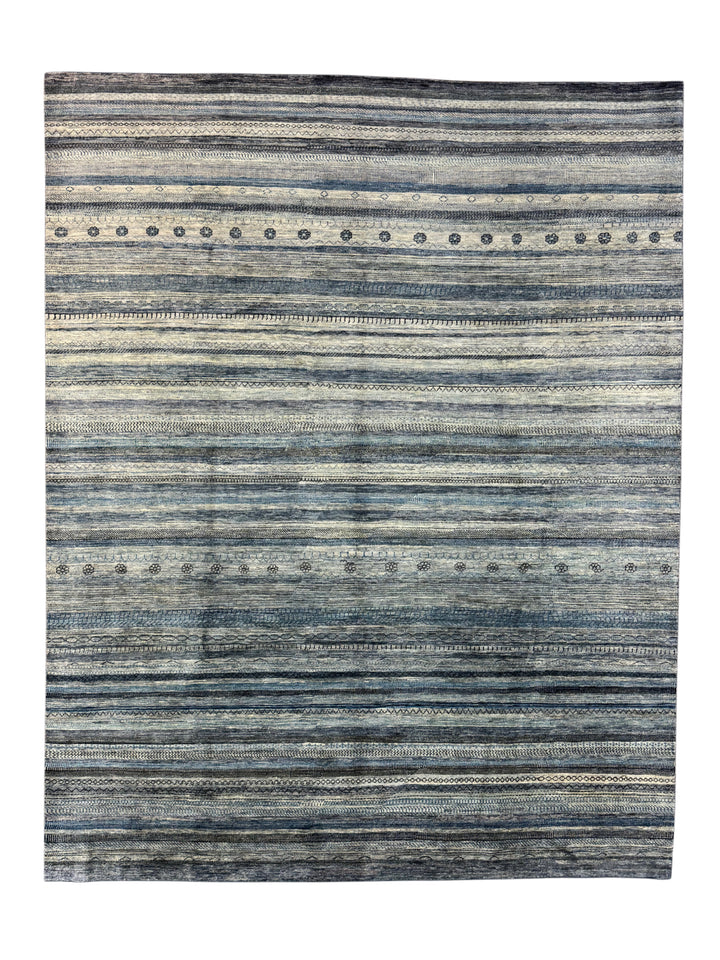 Blue, Grey &amp; Ivory Striped Contemporary Area Rug – 8’11” x 11’4”