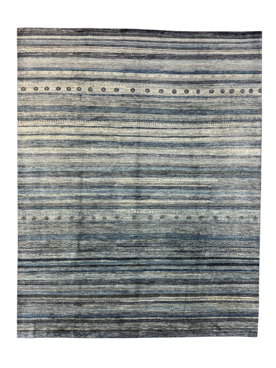 Blue, Grey & Ivory Striped Contemporary Area Rug – 8’11” x 11’4”