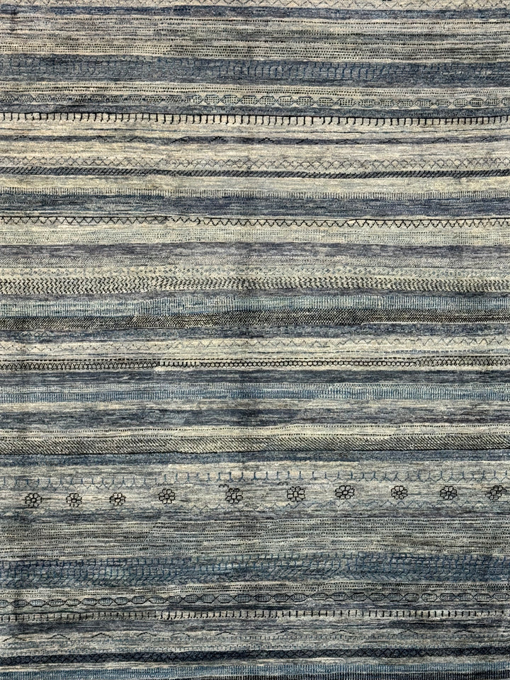 Blue, Grey &amp; Ivory Striped Contemporary Area Rug – 8’11” x 11’4”