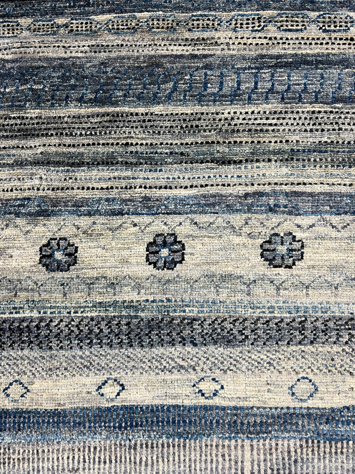 Blue, Grey &amp; Ivory Striped Contemporary Area Rug – 8’11” x 11’4”