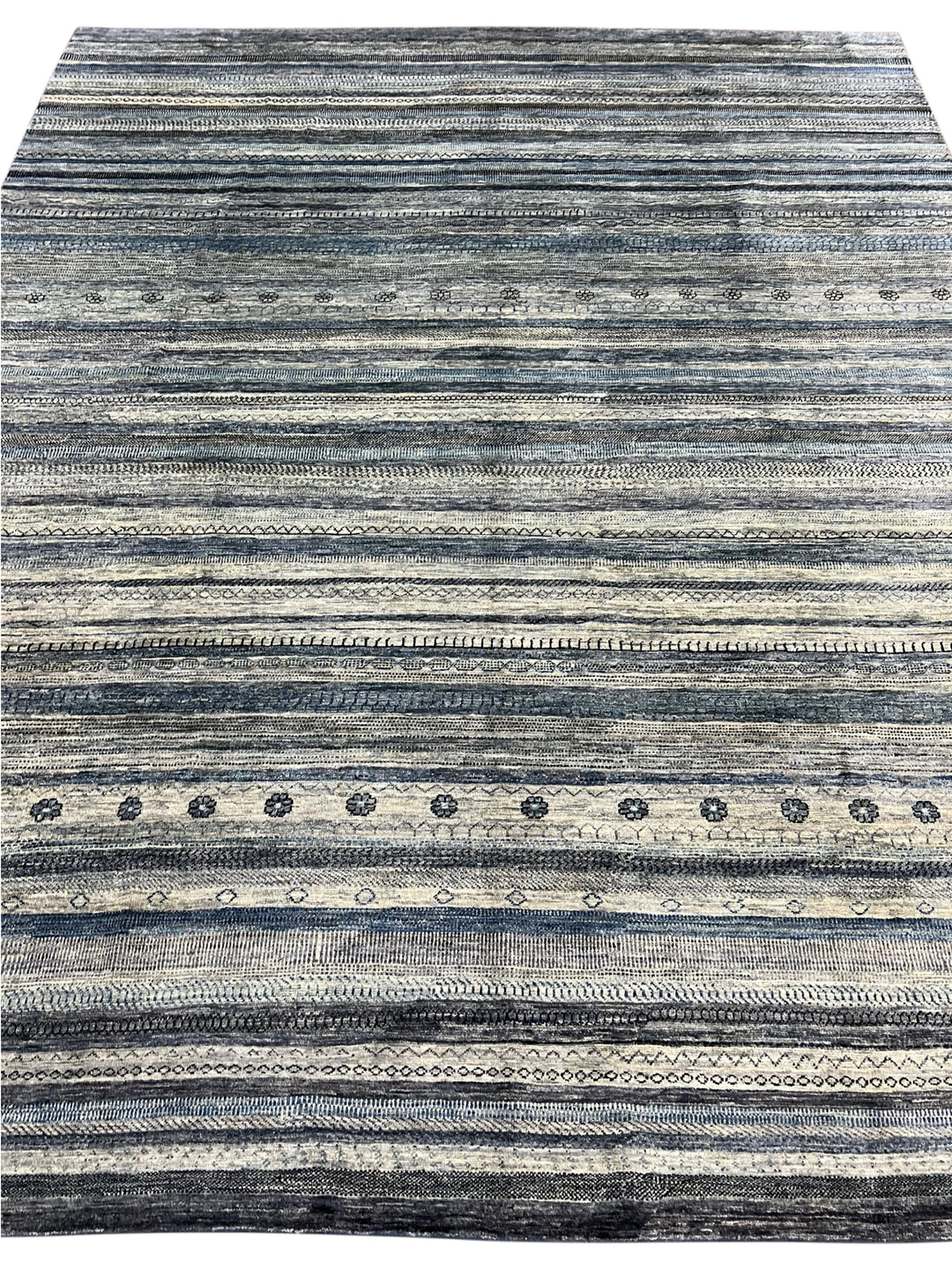 Blue, Grey &amp; Ivory Striped Contemporary Area Rug – 8’11” x 11’4”