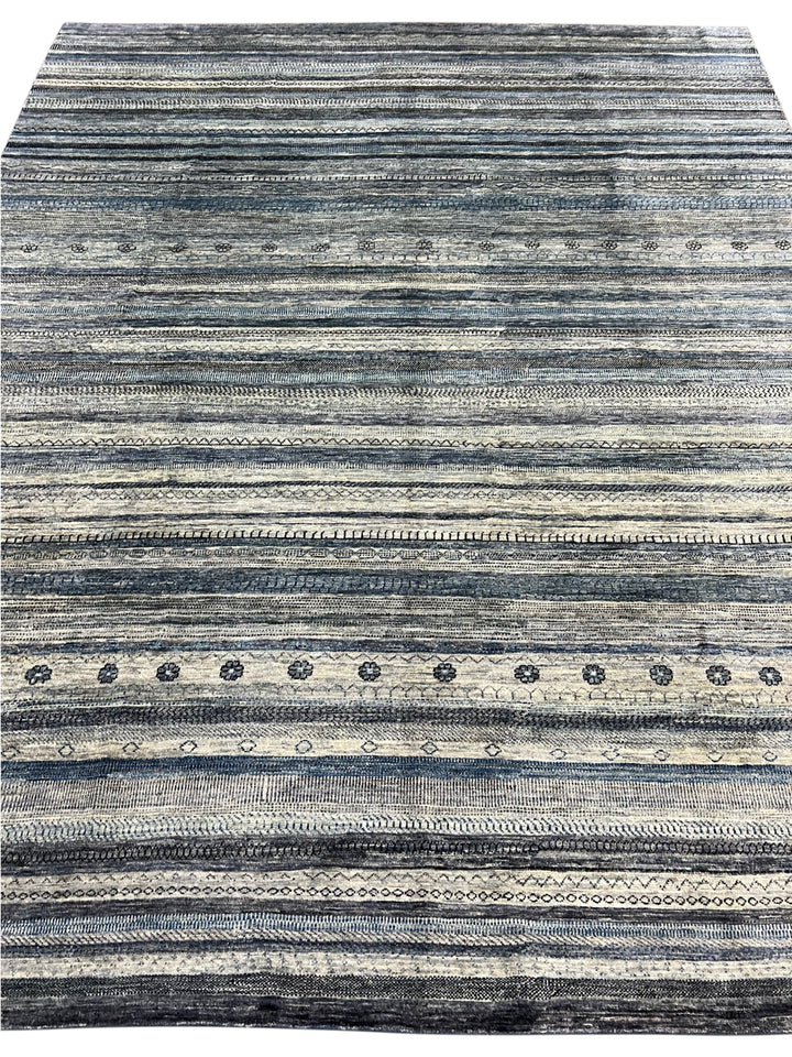 Blue, Grey &amp; Ivory Striped Contemporary Area Rug – 8’11” x 11’4”