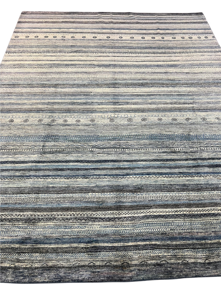 Blue, Grey &amp; Ivory Striped Contemporary Area Rug – 8’11” x 11’4”