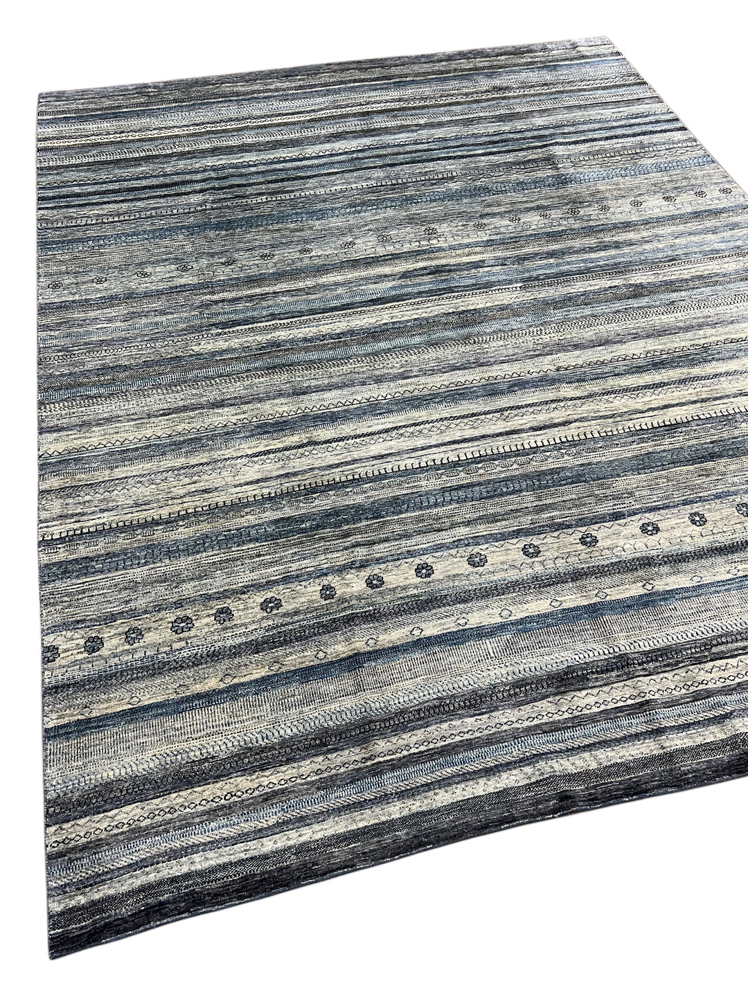 Blue, Grey &amp; Ivory Striped Contemporary Area Rug – 8’11” x 11’4”