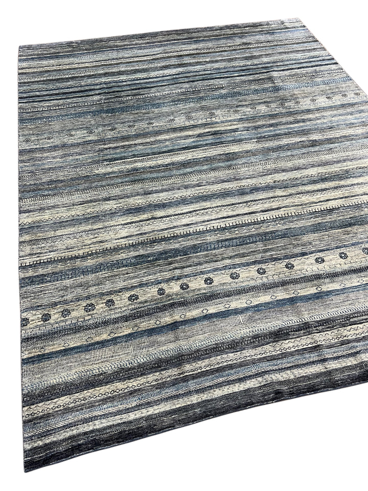 Blue, Grey &amp; Ivory Striped Contemporary Area Rug – 8’11” x 11’4”