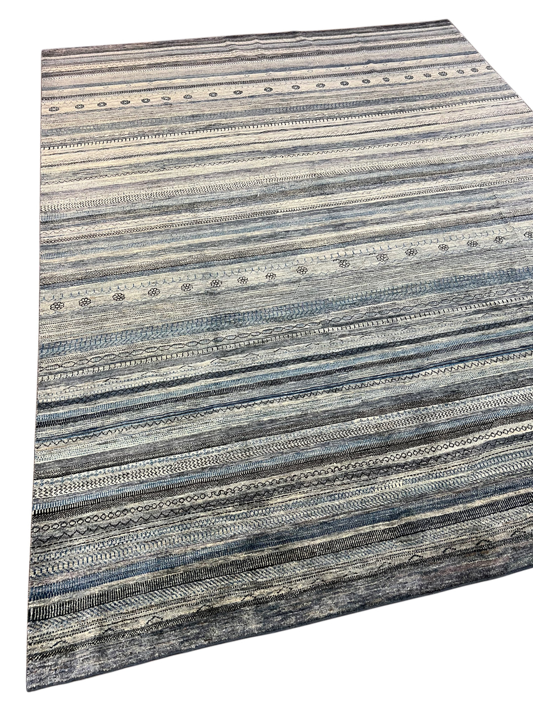 Blue, Grey &amp; Ivory Striped Contemporary Area Rug – 8’11” x 11’4”