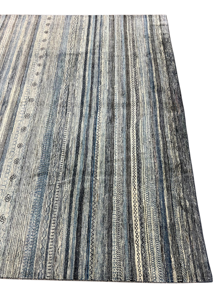 Blue, Grey &amp; Ivory Striped Contemporary Area Rug – 8’11” x 11’4”