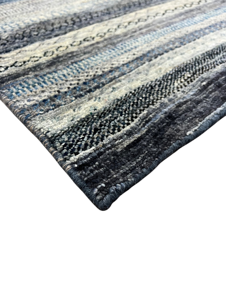 Blue, Grey &amp; Ivory Striped Contemporary Area Rug – 8’11” x 11’4”