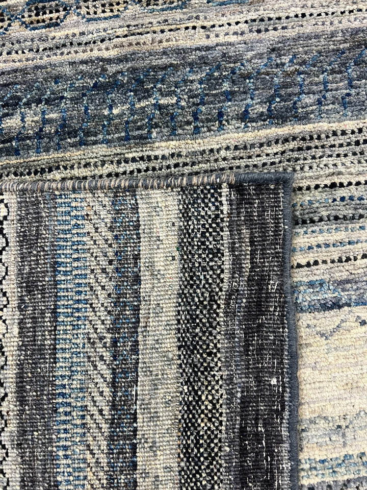 Blue, Grey &amp; Ivory Striped Contemporary Area Rug – 8’11” x 11’4”