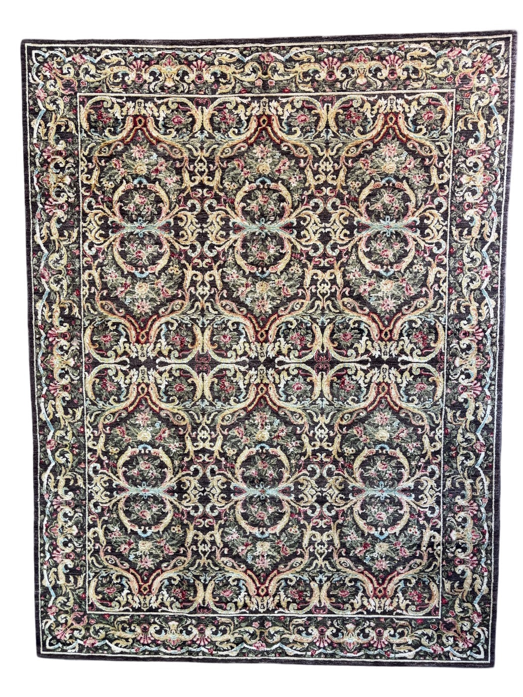 European Aubusson Style Wool Rug – Charcoal Floral Design – 10’0” x 13’4”
