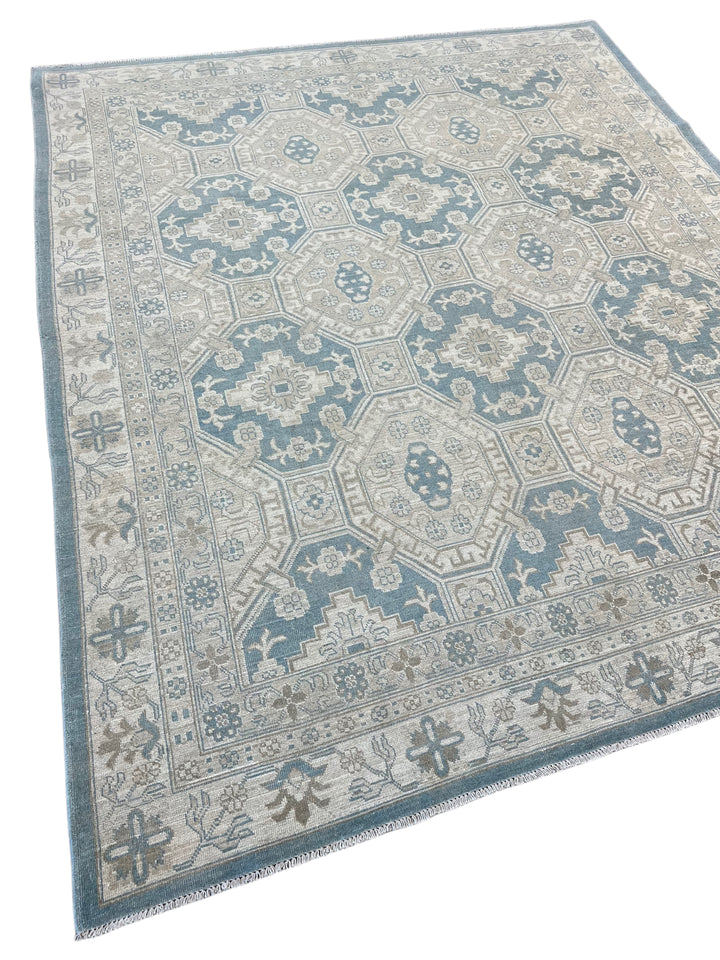 Soft Blue &amp; Taupe Geometric Medallion Area Rug – 8’2” x 9’11”