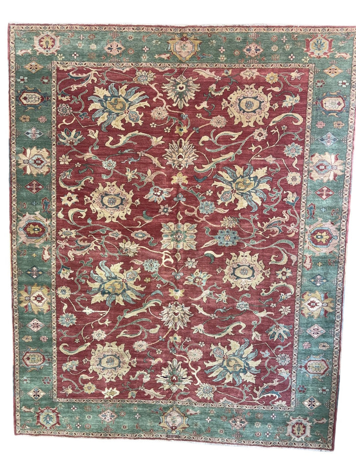 Hand-Knotted Botanical Wool Rug – Burgundy &amp; Teal Floral Design – 10’6” x 13’1”