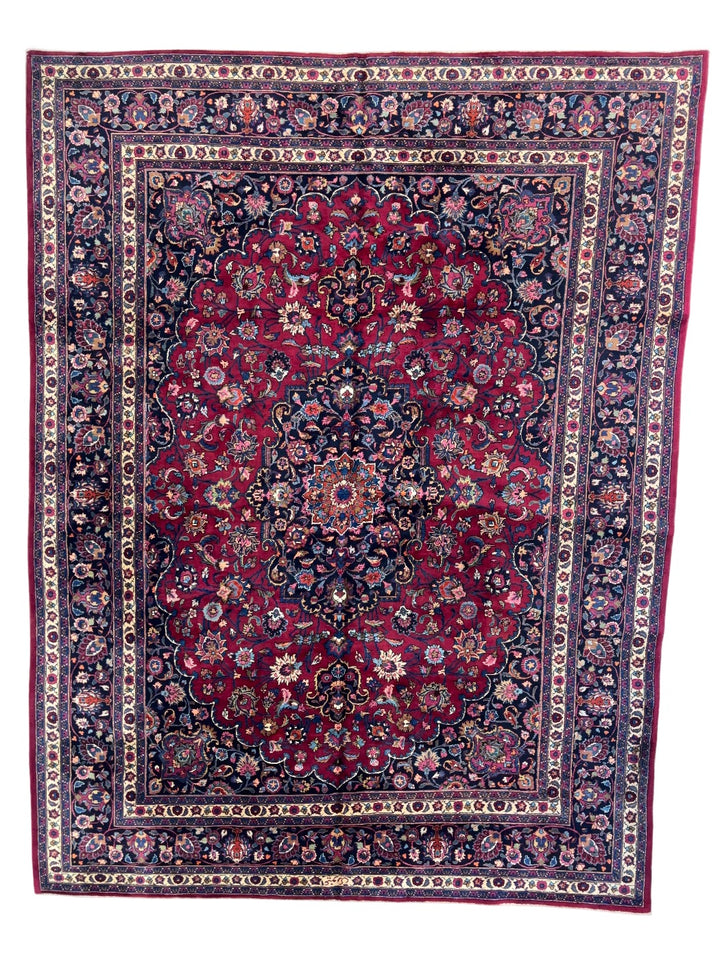 Grand Floral Medallion Wool Rug – Crimson &amp; Navy – 10’0” x 13’2”