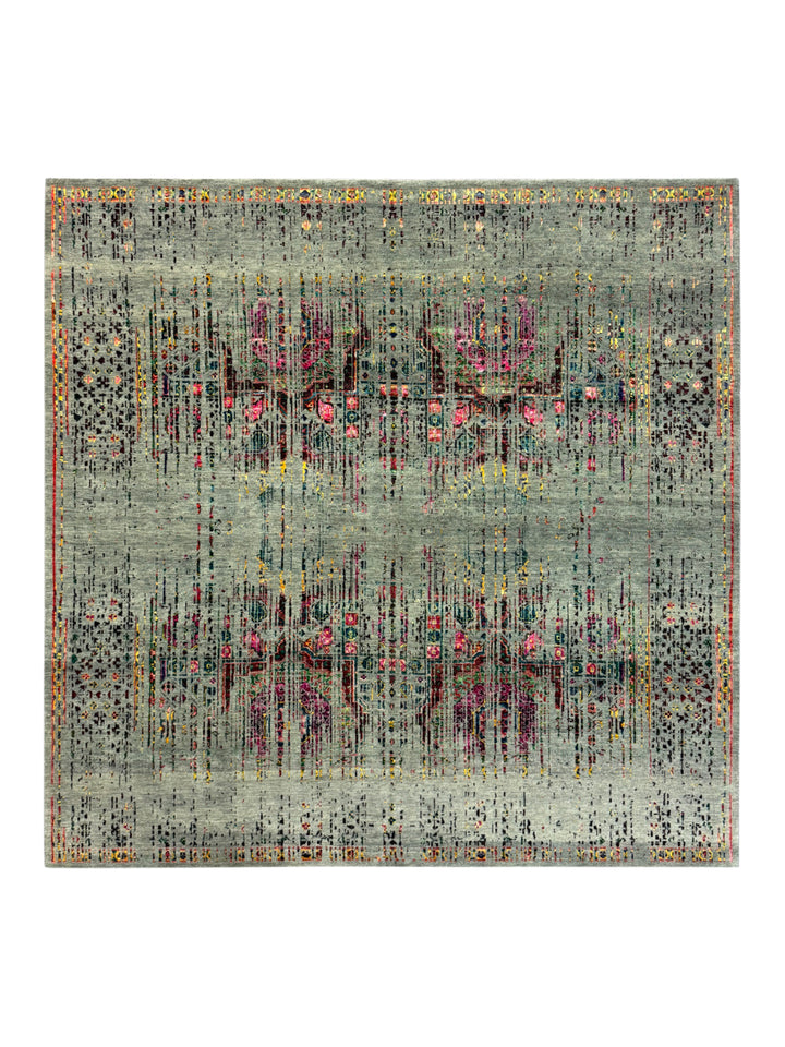 Grey-Green &amp; Multicolor Abstract Distressed Square Area Rug – 8’ x 8’