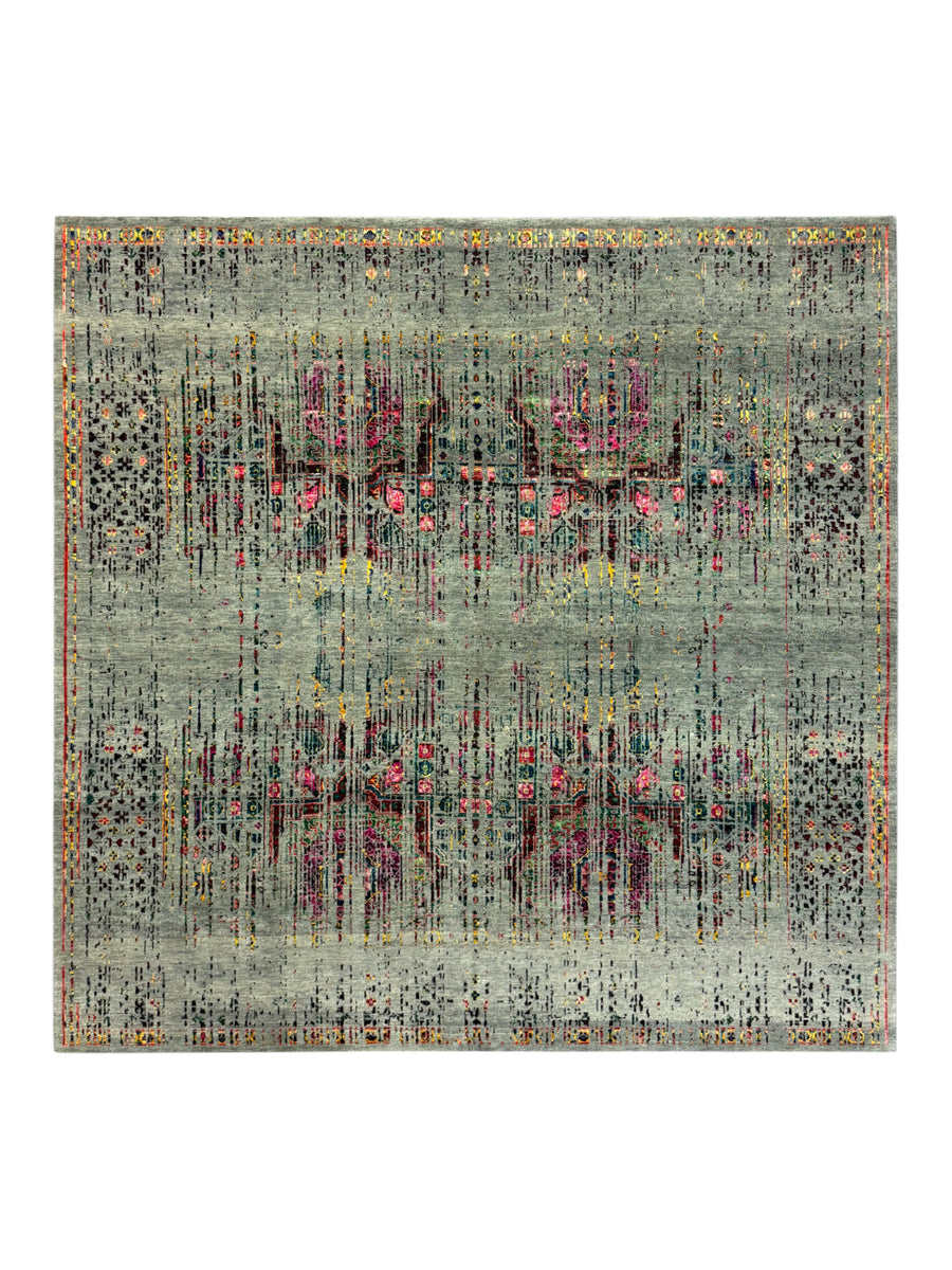 Green-Grey & Multicolor Abstract Distressed Square Area Rug – 8’ x 8’
