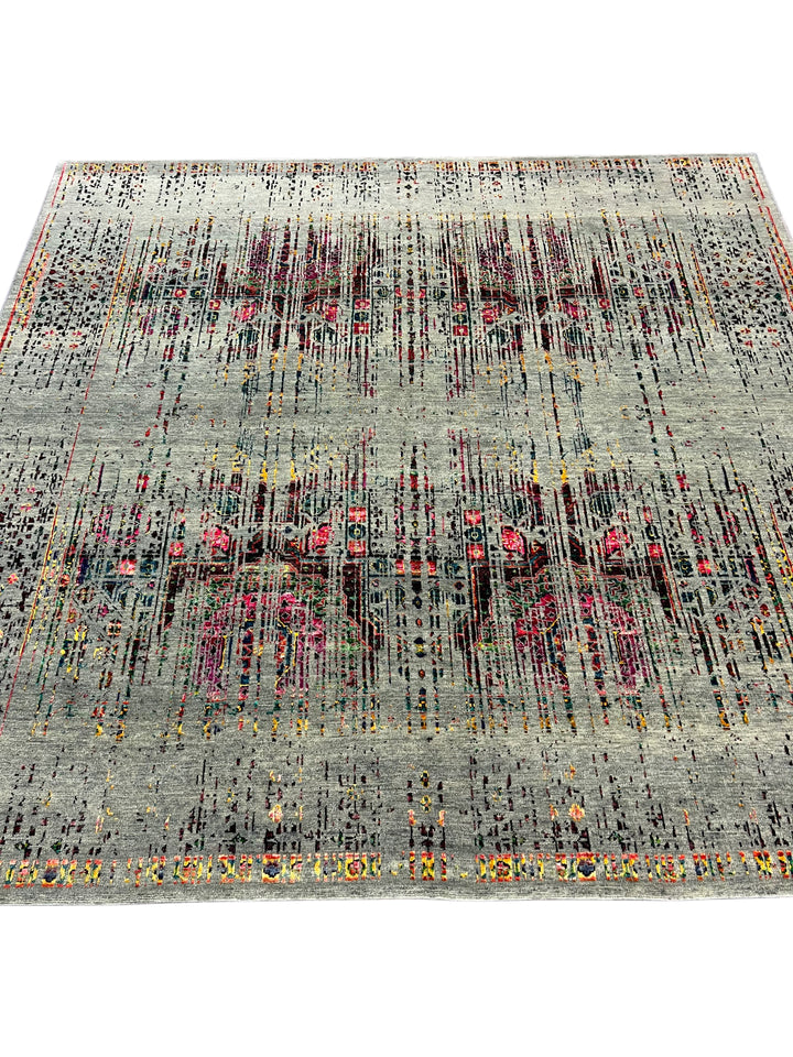Grey-Green &amp; Multicolor Abstract Distressed Square Area Rug – 8’ x 8’