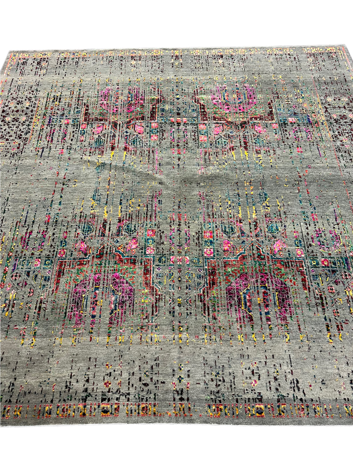 Grey-Green &amp; Multicolor Abstract Distressed Square Area Rug – 8’ x 8’