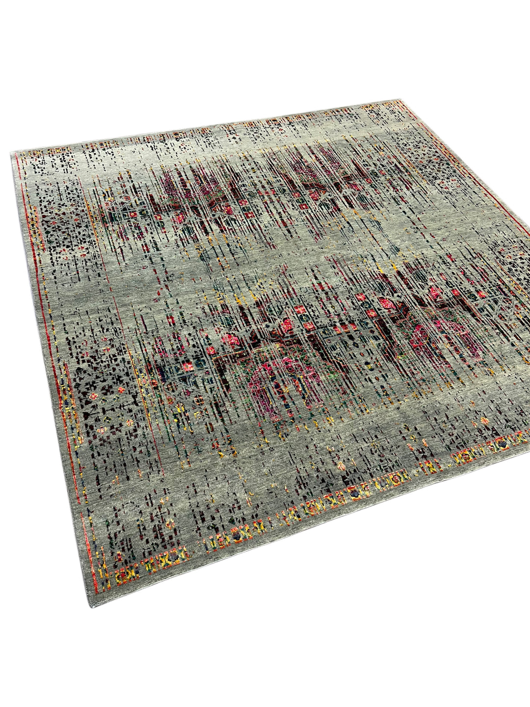 Grey-Green &amp; Multicolor Abstract Distressed Square Area Rug – 8’ x 8’