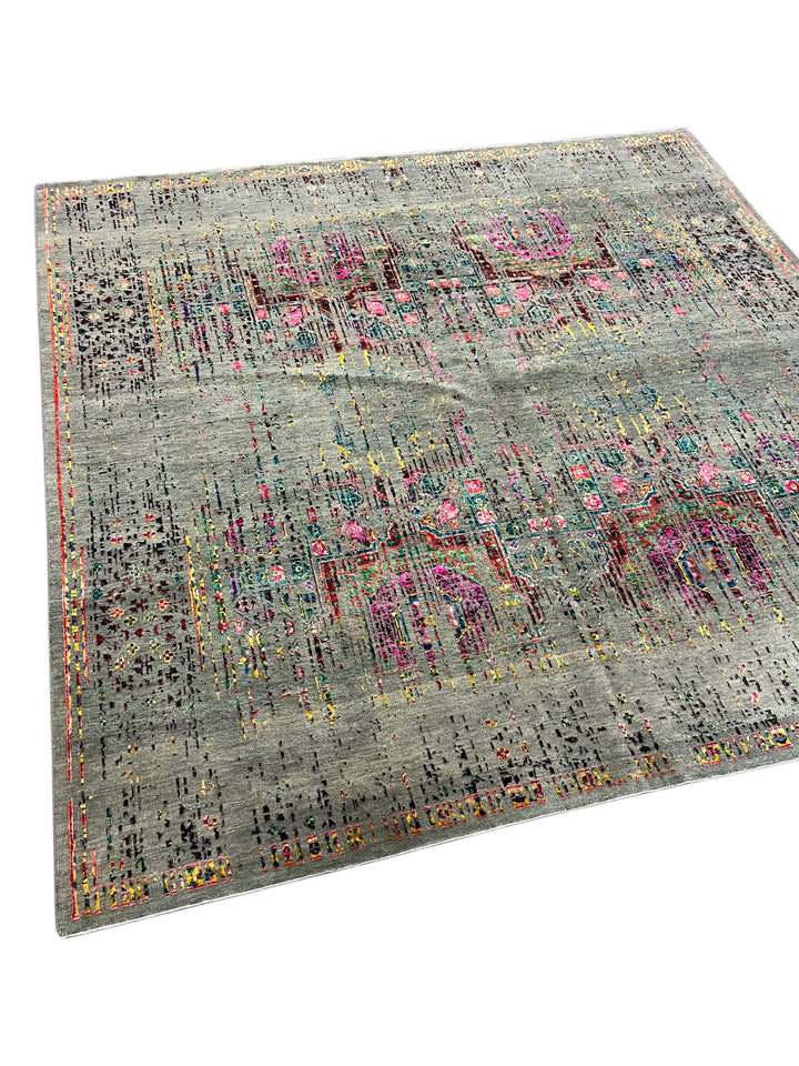 Green-Grey &amp; Multicolor Abstract Distressed Square Area Rug – 8’ x 8’