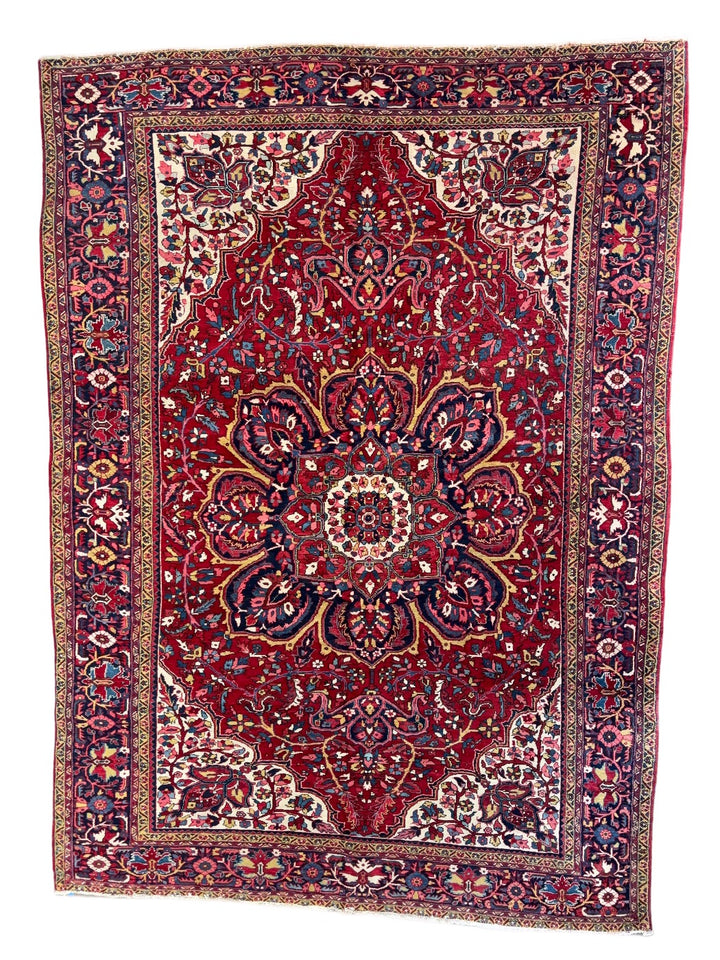Grand Medallion Wool Rug – Ruby Red &amp; Navy Floral Design – 9’7” x 13’2”