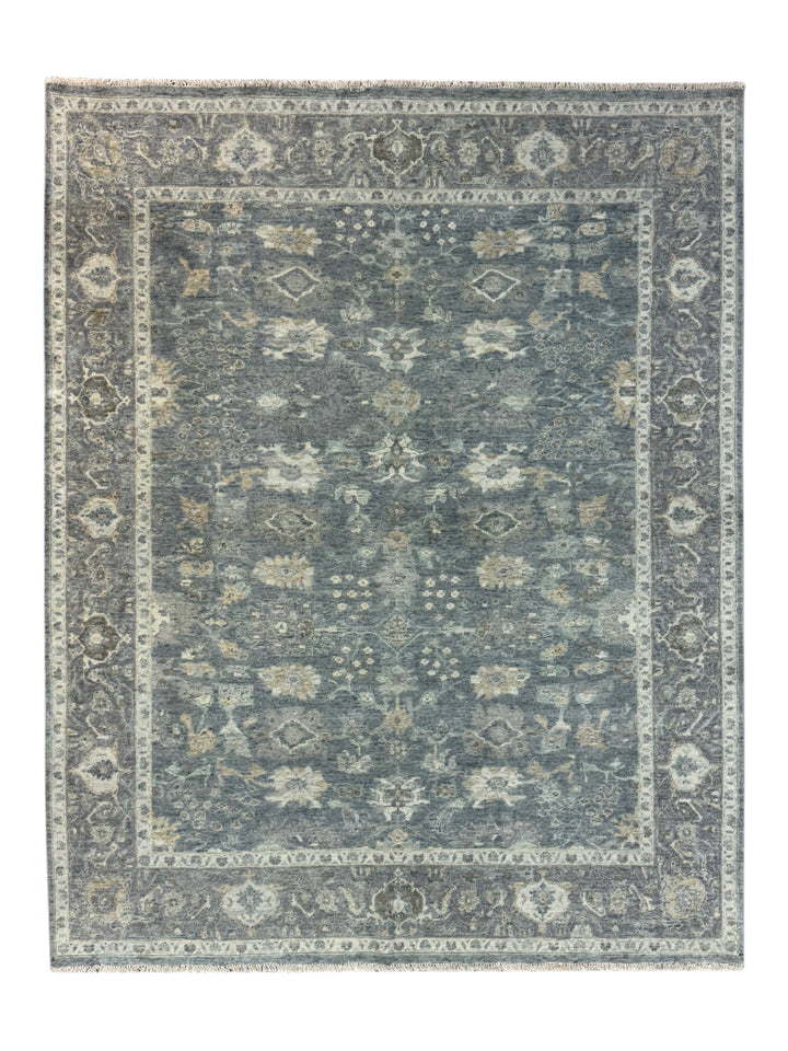 Beige &amp; Blue Antique-Looking Low-Pile Wool Area Rug – 7’8” x 9’7”