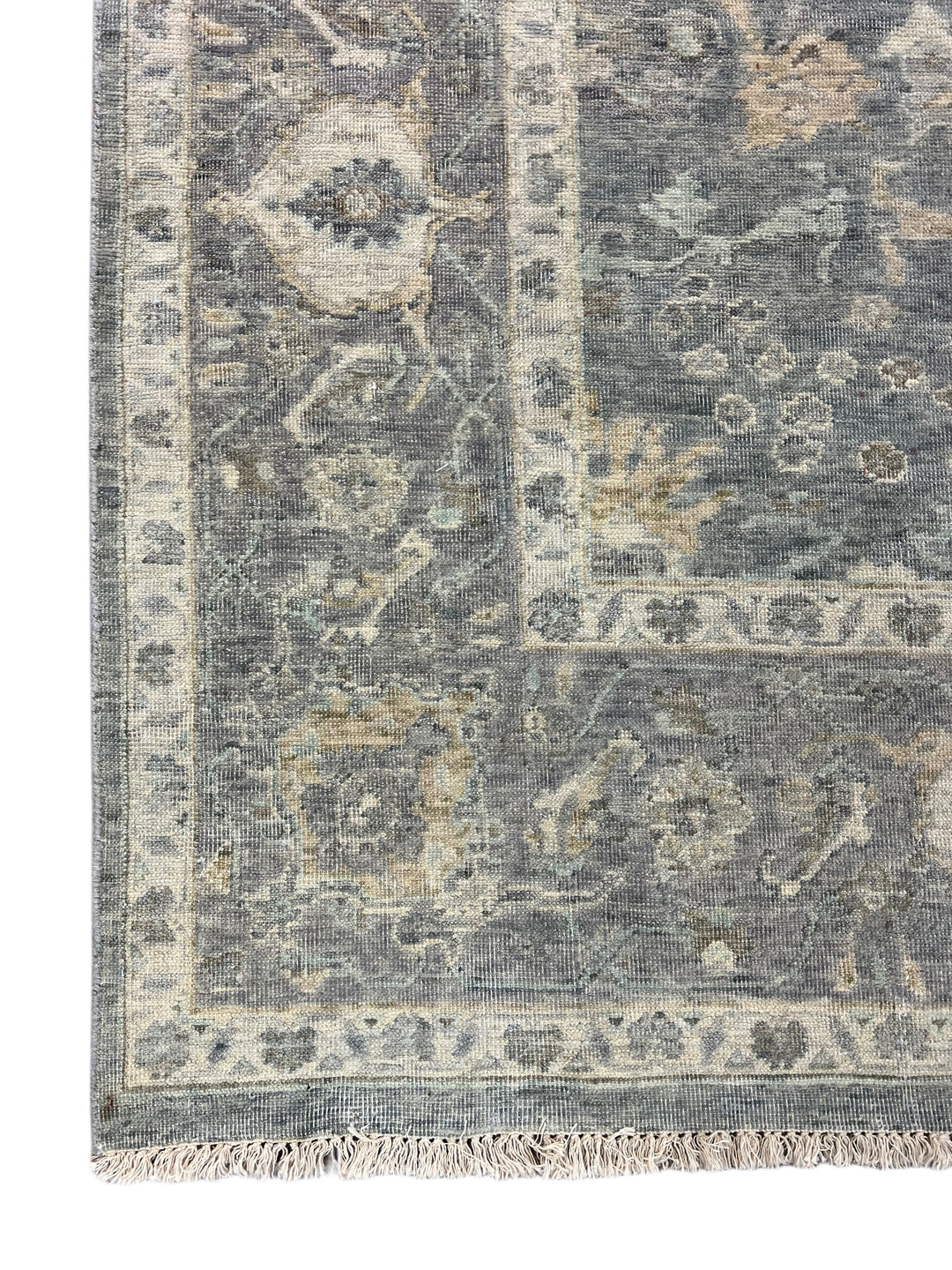 Beige &amp; Blue Antique-Looking Low-Pile Wool Area Rug – 7’8” x 9’7”