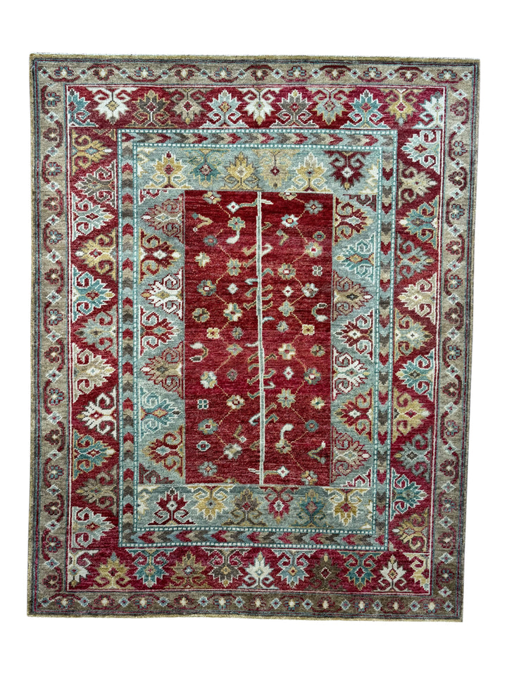 Rich Red &amp; Soft Blue Floral Geometric Area Rug – 7’9” x 10’0”