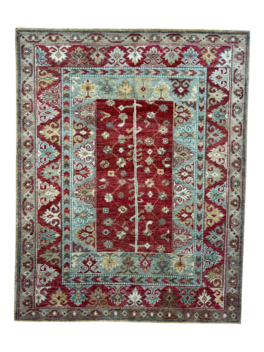 Rich Red & Soft Blue Floral Geometric Area Rug – 7’9” x 10’0”