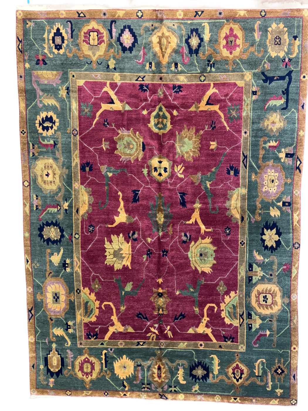 Tibetan Wool Rug – Botanical Design – Burgundy &amp; Sage – 10’1” x 14’7”