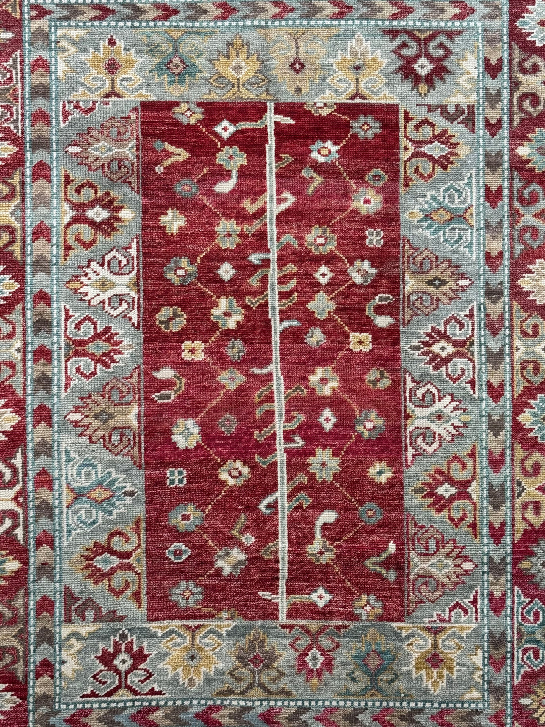 Rich Red &amp; Soft Blue Floral Geometric Area Rug – 7’9” x 10’0”
