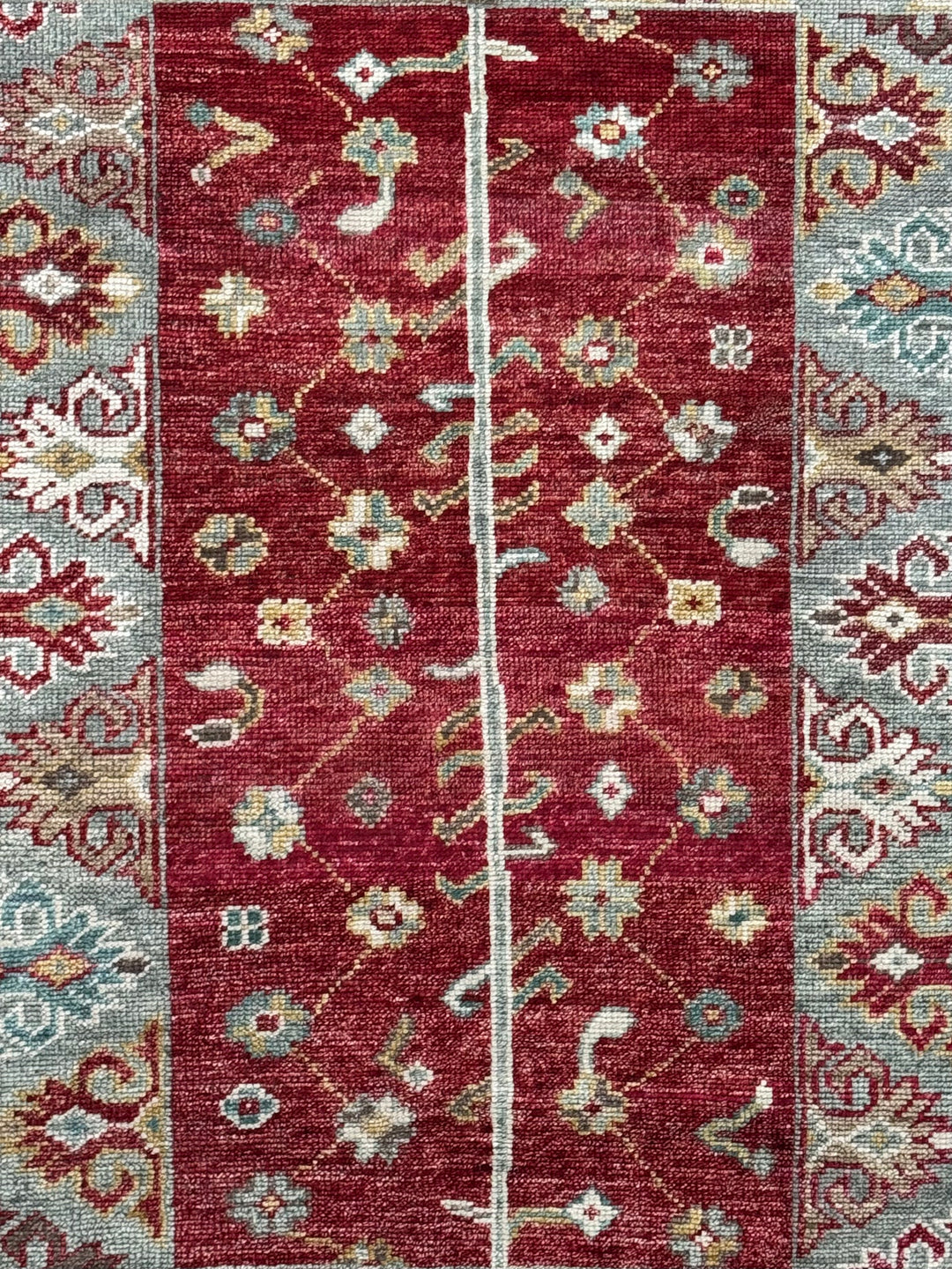 Rich Red &amp; Soft Blue Floral Geometric Area Rug – 7’9” x 10’0”