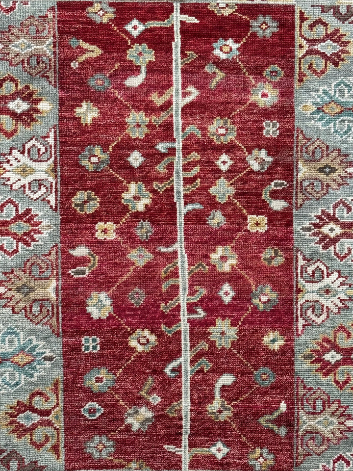 Rich Red &amp; Soft Blue Floral Geometric Area Rug – 7’9” x 10’0”