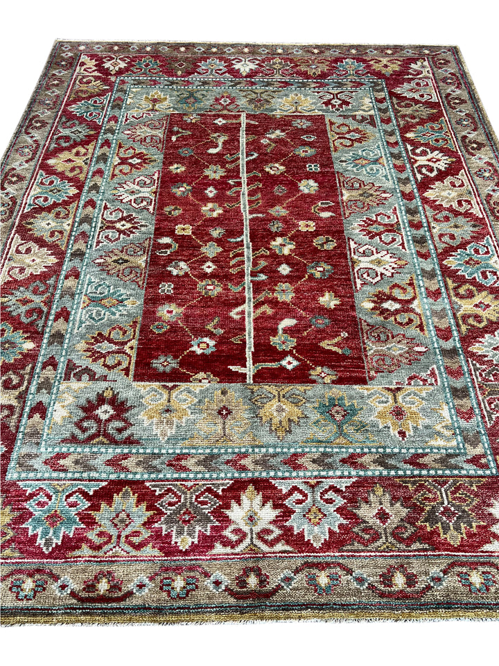 Rich Red &amp; Soft Blue Floral Geometric Area Rug – 7’9” x 10’0”