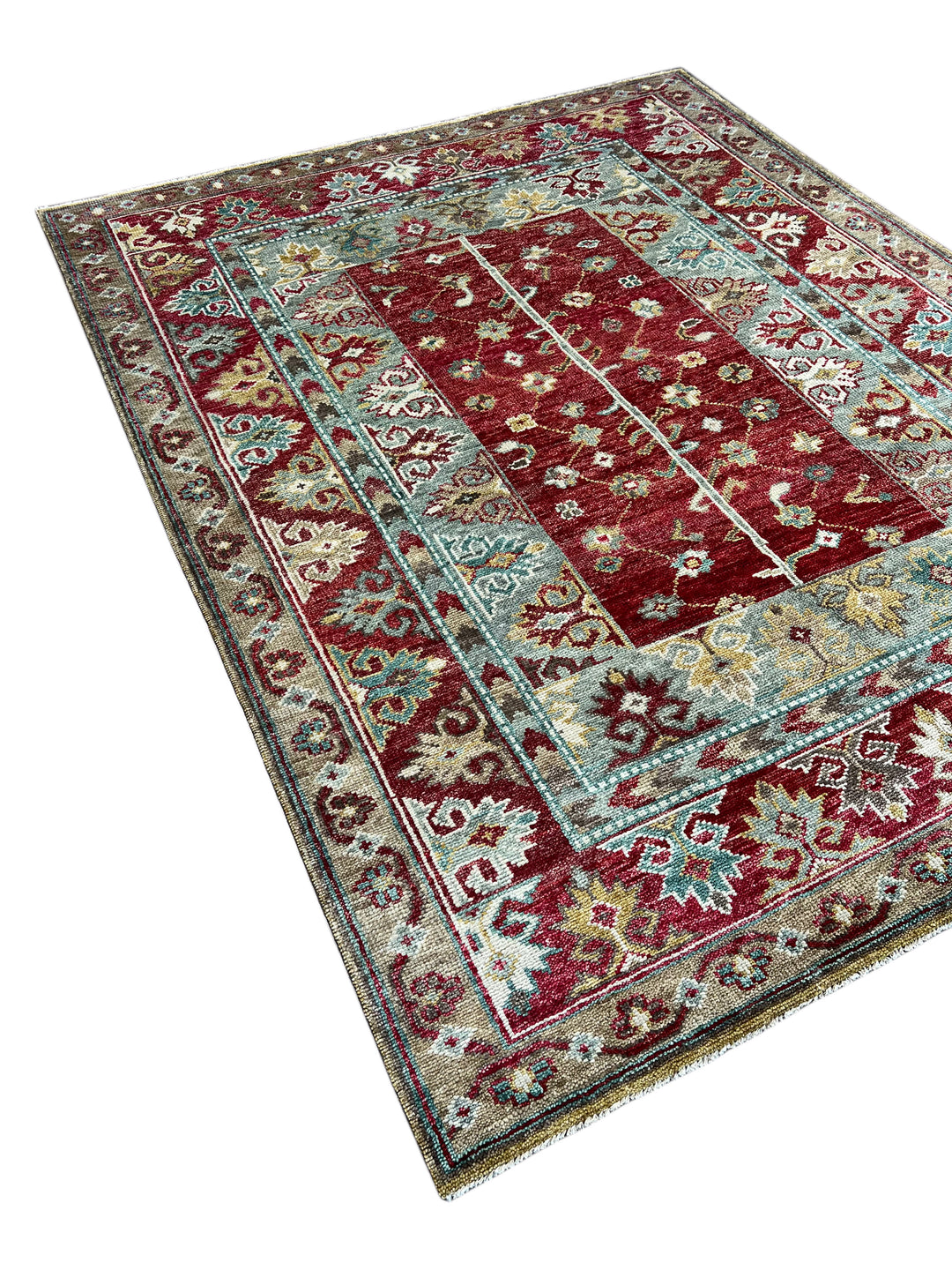 Rich Red &amp; Soft Blue Floral Geometric Area Rug – 7’9” x 10’0”