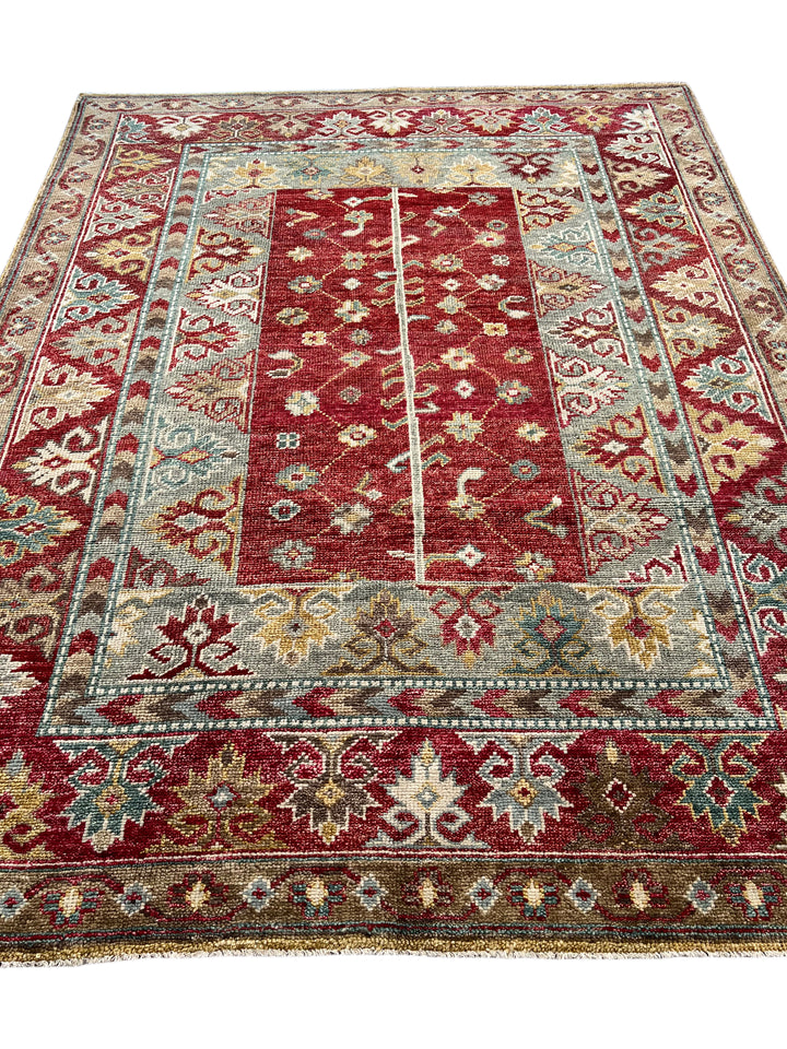 Rich Red &amp; Soft Blue Floral Geometric Area Rug – 7’9” x 10’0”