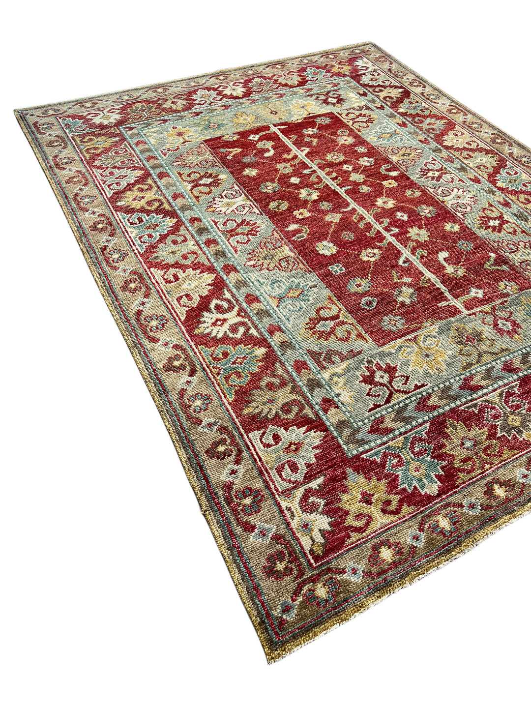 Rich Red &amp; Soft Blue Floral Geometric Area Rug – 7’9” x 10’0”
