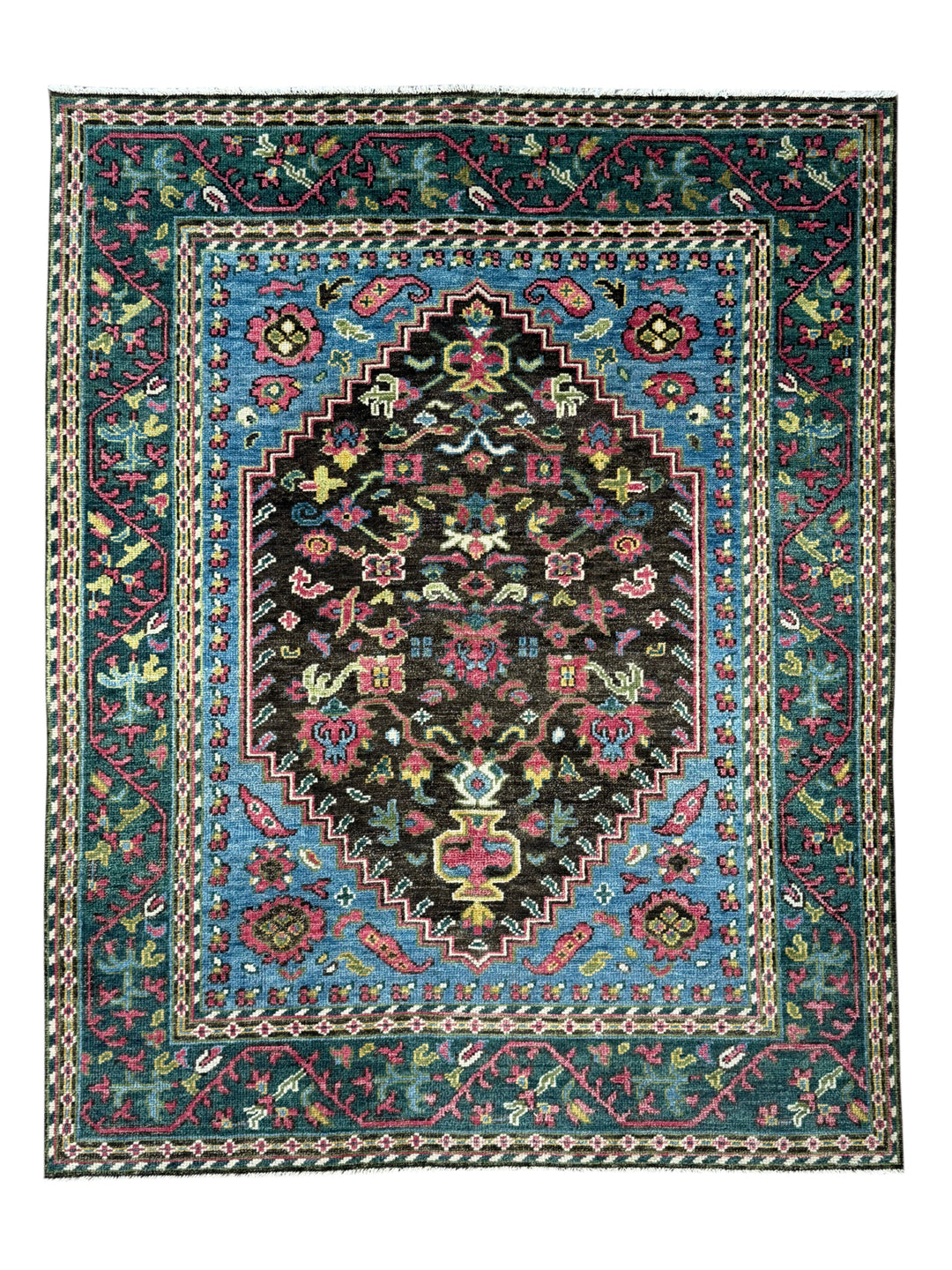 Dark Brown, Blue &amp; Deep Green Floral Medallion Area Rug – 7’9” x 9’9”