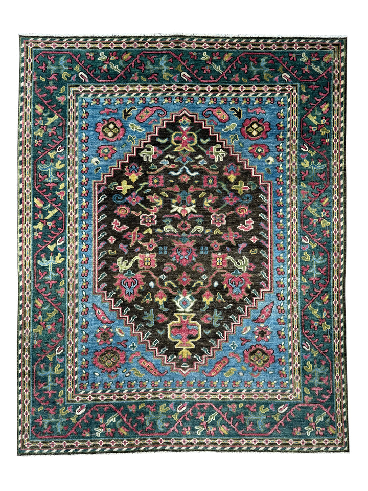 Dark Brown, Blue &amp; Deep Green Floral Medallion Area Rug – 7’9” x 9’9”