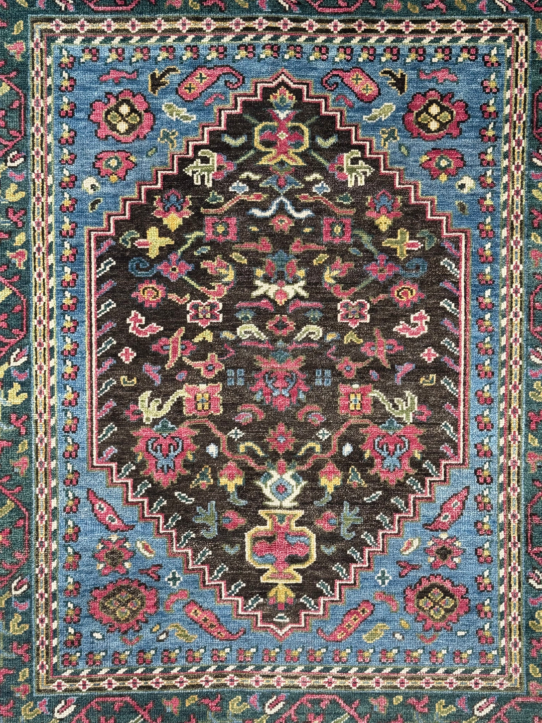 Dark Brown, Blue &amp; Deep Green Floral Medallion Area Rug – 7’9” x 9’9”